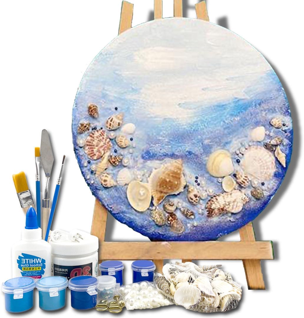 Paintings - LIYIZHUO Kids&Adults Beginners DIY 5D Acrylic Painting Set Round Canvas (12 * 12IN) Blue Sea Beach Shell Pearl Quartz Sand Acrylic Paints Kit Art and Crafts Creative Gift