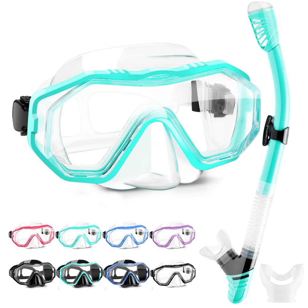 HINATAA Dry Snorkel Set, Multi-Colors 180° View Anti-Fog Diving Goggle and Silicone Anti-Leak Dry Snorkel Tube, Profession Snorkeling Gear, Easy Breath Snorkel Mask for Adult and Teenagers (Green)