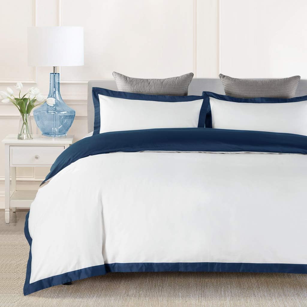 JOHNPEY Duvet Cover Twin - 1000TC Egyptian Cotton Comforter Cover Set/Bedding Set(1 Duvet Cover + 2 Pillow Shams)- Button Closure(Navy/White)