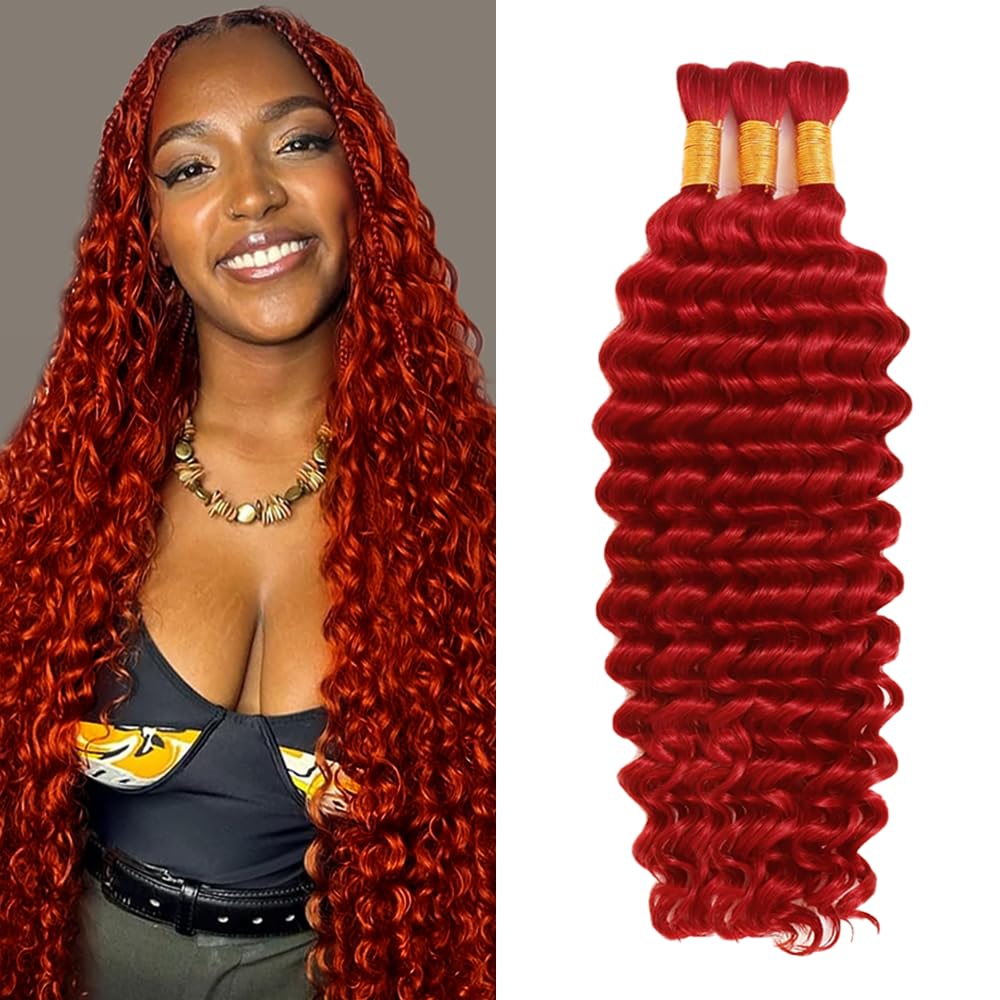 Photo 1 of * 2 bundles, not the 3 shown* Red Human Braiding Hair for Boho Braids 18 18 18 Inch Deep Wave Bulk Human Hair Red Wet and Wavy Braids Extensions 150g