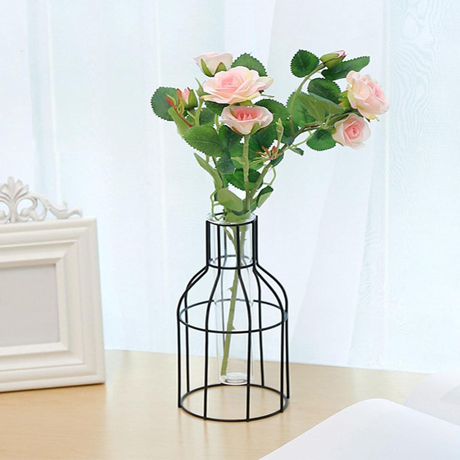 EKDJKK Metal Frame Vase Tube Glass Planter with Geometric Black Metal Stand,Office Desktop Home & Office Decor Handmade