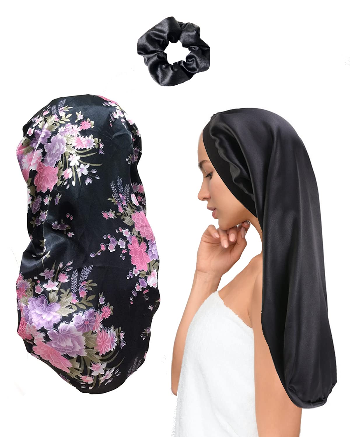 MUFEKUM 3Pcs Long Hair Bonnet for Sleeping, Wide Band Satin Bonnets Night Sleep Cap Sleeping Head Cover, Soft Elastic Bonnet for Braids Silk Bonnet for Long Hair Black Hair Curly Hair (Black+Flower)