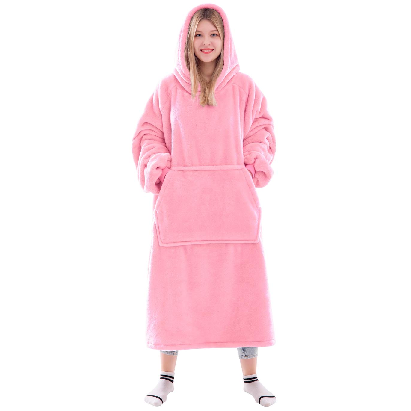 Waitu Wearable Blanket Sweatshirt Gifts for Women and Men, Super Warm and Cozy Big Blanket Hoodie, Thick Flannel Blanket with Sleeves and Giant Pocket - Bright Pink