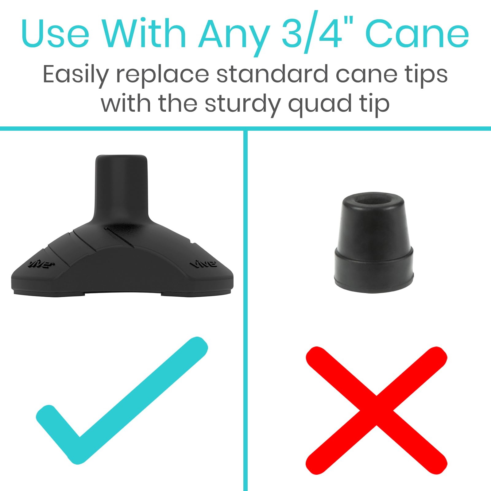 Vive Self Standing Walking Cane Tip 3/4 Inch Heavy Duty Replacement Quad - Rubber Cane Foot Base All Terrain for Walking Sticks, Folding & Medical Canes - Stabilizing Cane Tip for Men, Women (Black)