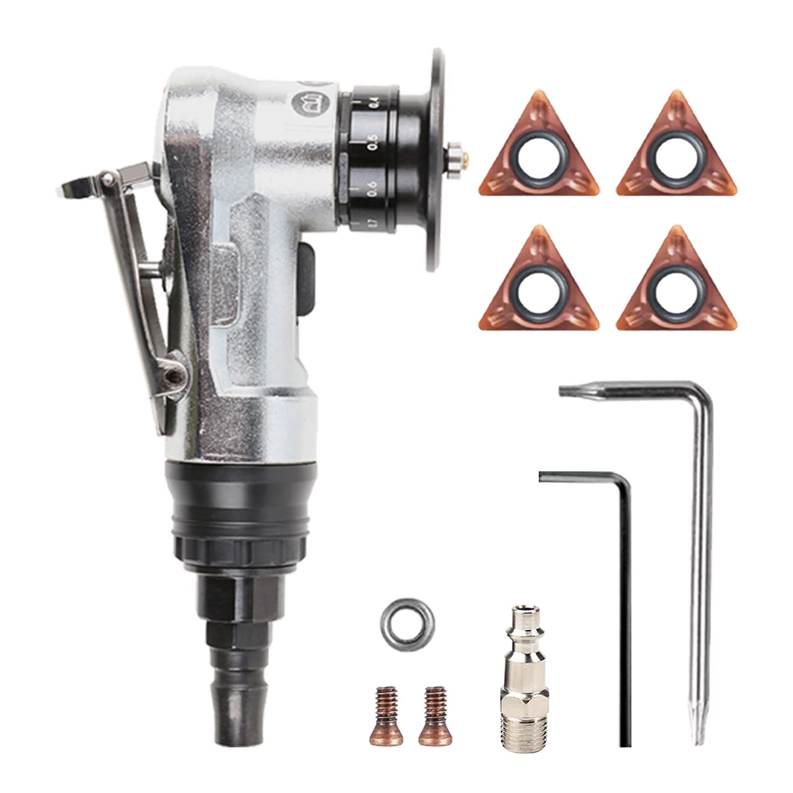 Mini Pneumatic Chamfering Machine, Portable Handheld 45 Degree Arc Air Beveling Machine with Replace Blades for Metal Deburring (Chamfering Machine + 4 Indexable Inserts)