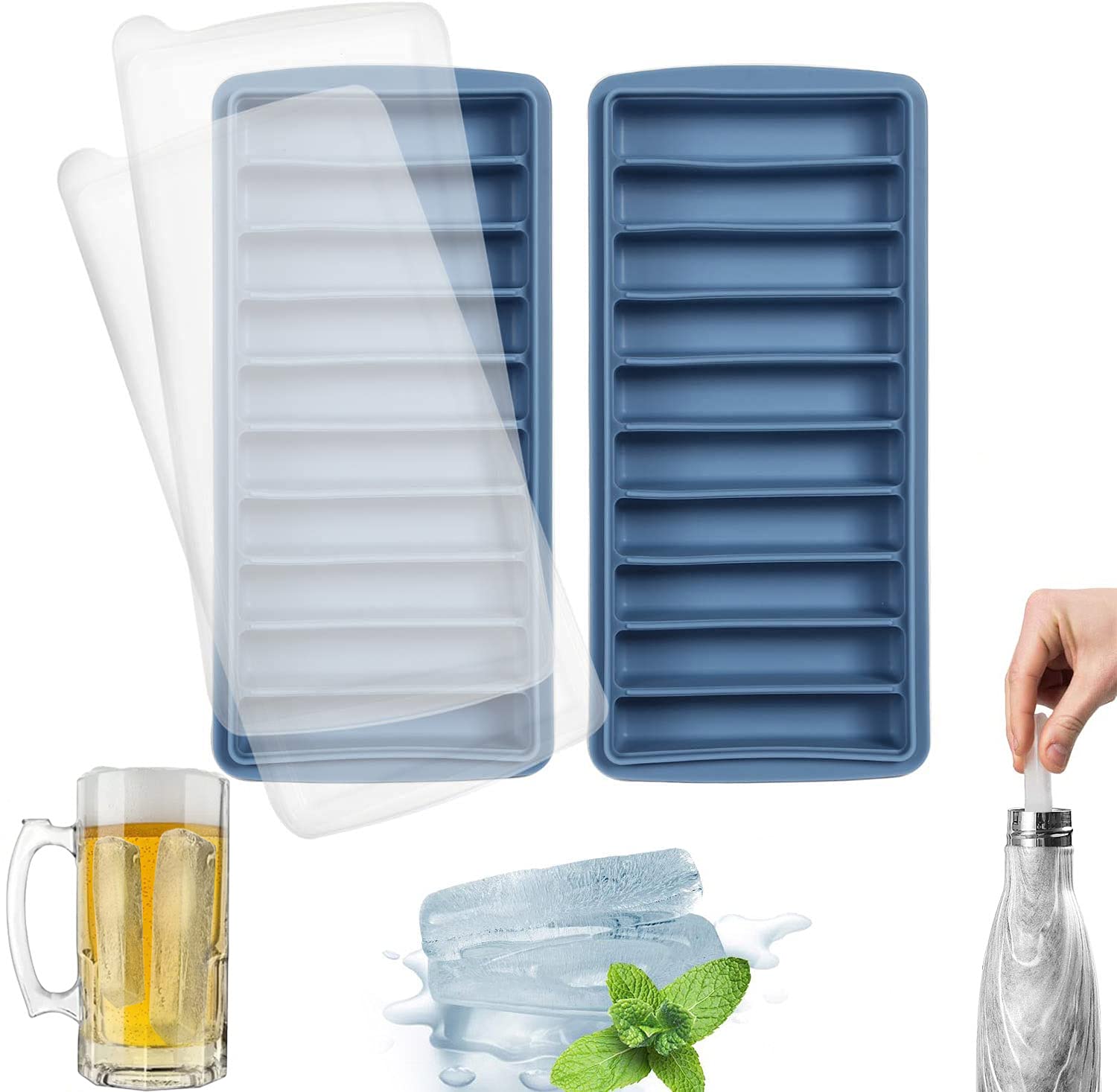 LessMo 2 Pack Ice Cube Tray, Easy Release Reusable Ice Cube, Silicone, with No-Spill Removable Lid, 10 Cavities, BPA Free, Ideal for Sports and Water Bottles, Whiskey,Cocktail