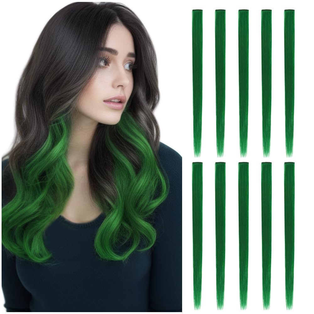 10 Pcs Colored Hair Extensions Clip for Women 22 Inch Colorful in Hair Extensions Straight Synthetic Hairpieces for Fashion Party Hair Accessories（Straight,Green）