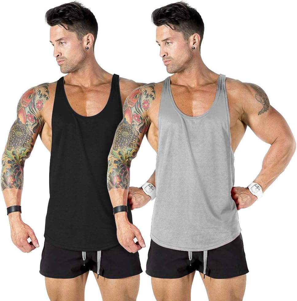 Men's Gym Workout Tank Top Muscle Stringer Bodybuilding Fitness T-Shirts Tops, 2 Pack