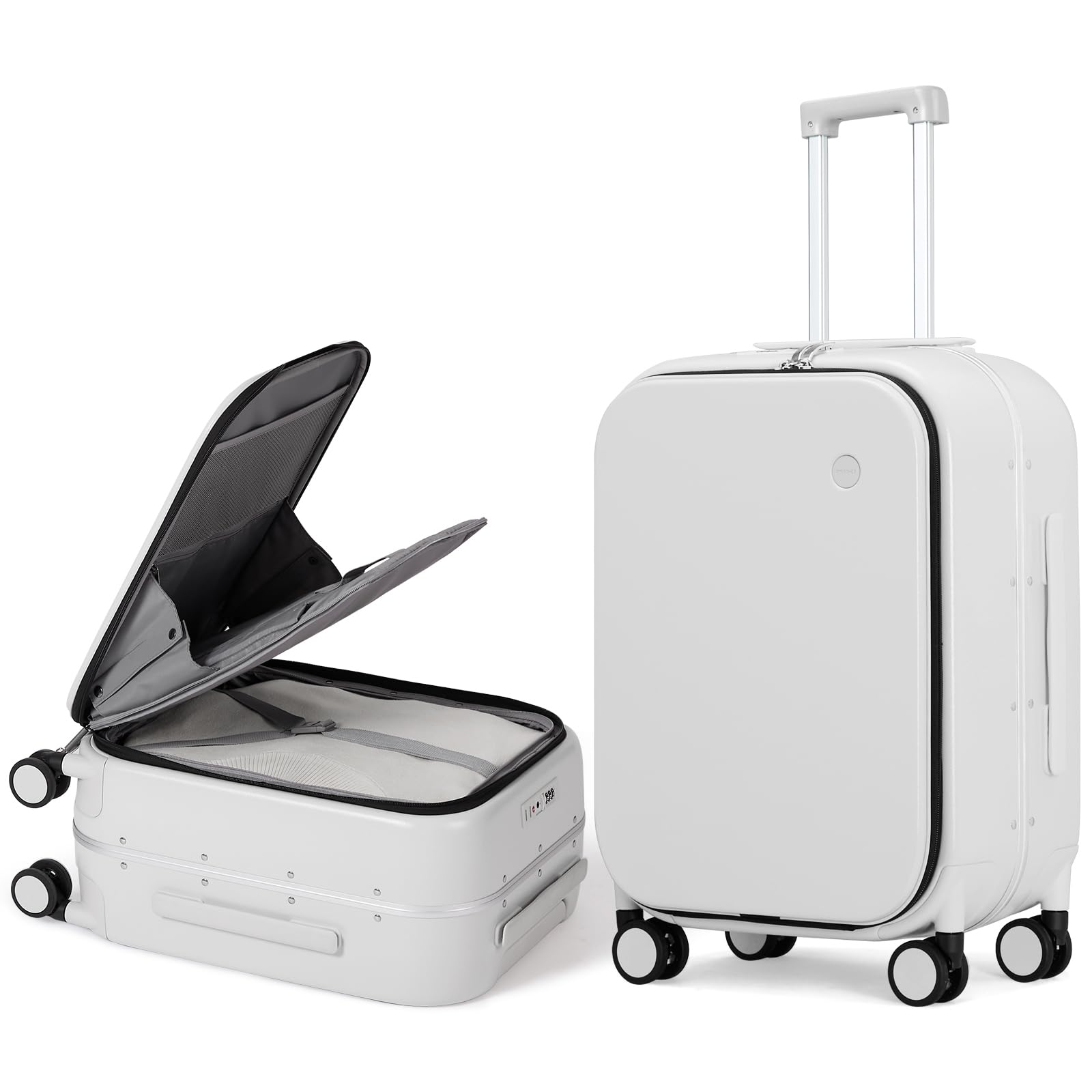 Mixi Carry On Luggage, 20'' Suitcase with Front Laptop Pocket, Travel Rolling Luggage Aluminum Frame PC Hardside with Spinner Wheels & TSA Lock and Cover - Smoke White