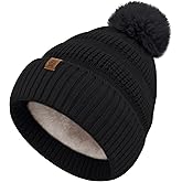 HOPSOOKEN Winter Beanie Hats for Women with Faux Fur Pom Warm Cozy Knit Fleece Thermal Snow Ski Skull Cap for Cold Weather