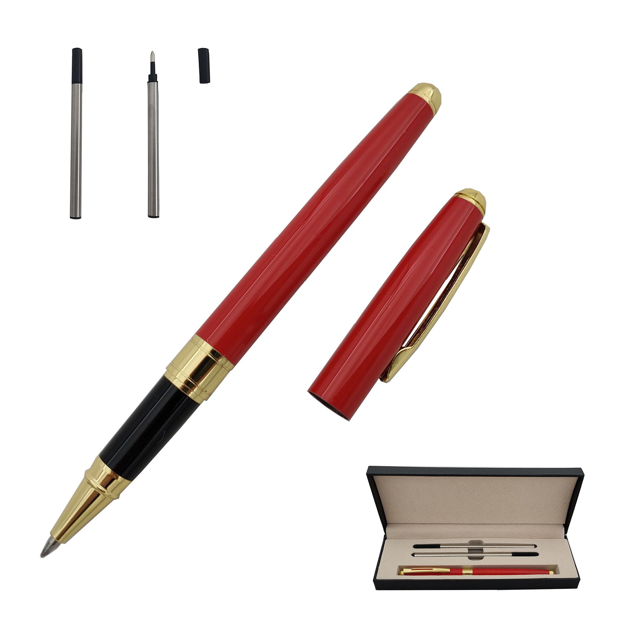 Accod Nice Ballpoint Pen Autograph Pen Metal Pen Clip Black Ink Rollerball Pen 2 Black Replacement refills Classic Writing Pen for Business Office Students and Teachers Premium Gift Box (Red)