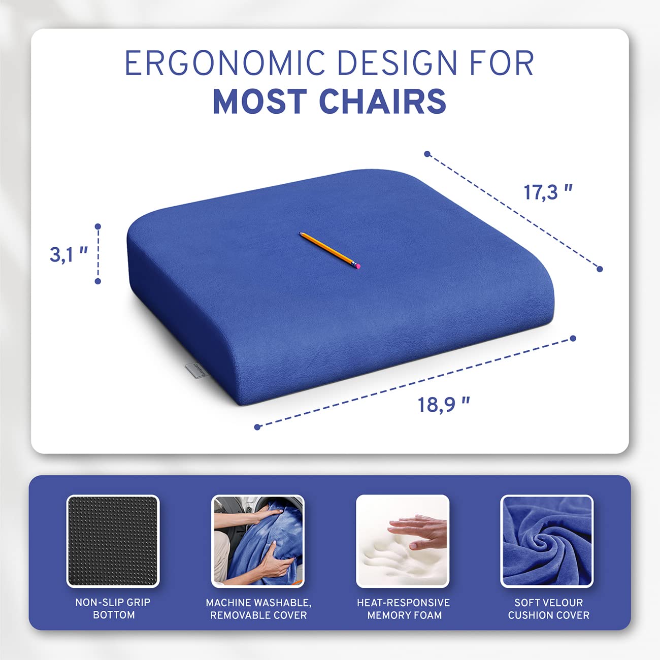 ComfySure Extra Large Wheelchair Seat Cushion - Firm Memory Foam Chair Pad for Wheelchair, Recliner, Office, Car & Bariatric Overweight Users 19”x17”x3”