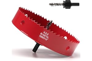 IHOMEPARK 6-1/4 Inch Hole Saw for Recessed Lighting, 159mm HSS BI-Metal Hole Cutter for Wood, 32mm Cutting Depth Hole Cutter with Hex Shank Drill Bit Adapter for Cornhole Boards Plastic Drywall Fiberboard, Red