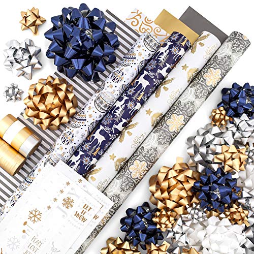 Gold + Silver + Blue Reversible Wrapping Paper Set: 4 Rolls (8 Designs) of Premium Gift Wrap (80 sq. ft.) with 29 Coordinated Bows, 2 Spools of Ribbon, and 24 Gift Tags