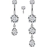Ftovosyo Long Belly Button Ring Surgical Steel Belly Button Rings 14mm 16mm Internally Threaded Cubic Zirconia Dangle Navel Piercing Jewelry for Women 14G
