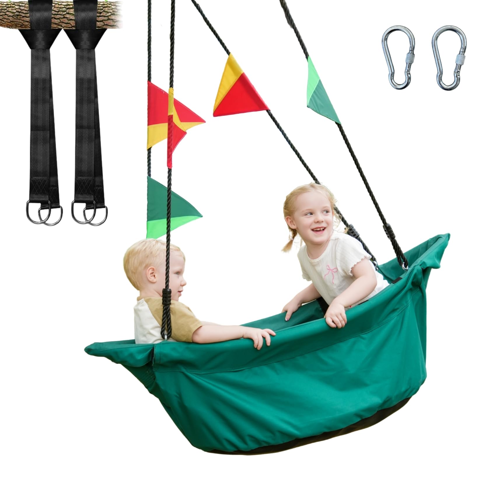 JUNGLE WELL Large Platform RPET Boat-Shaped Swing, 135cm Canoe Tree Swing for Kids, Eco-friendly Fabric, Indoor/Outdoor Hanging Hammock Chair, Safe & Comfortable Children’s Play (Racing Green)