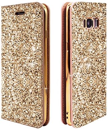 ClarksZone Sequins Glitter Wallet Case with [Card Slots] [Stand Feature] Protective PU Leather Cover + Soft TPU Shock Absorption Inner Case for Samsung Galaxy S8