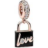 Amuefer Love Lock Charms for Bracelets 925 Sterling Silver 14K Rose Gold Plated Dangle for Necklaces Valentine's Day Birthday Christmas Jewelry Gifts for Women Friends