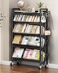 5-Tier Rolling Book Cart, Mobile Bookshelf with 2