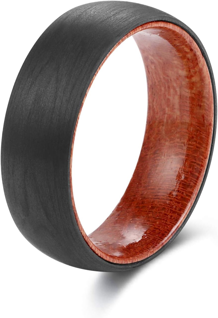 POYA Wedding Band for Men Women Black Carbon Fiber Ring with Rosewood Interior