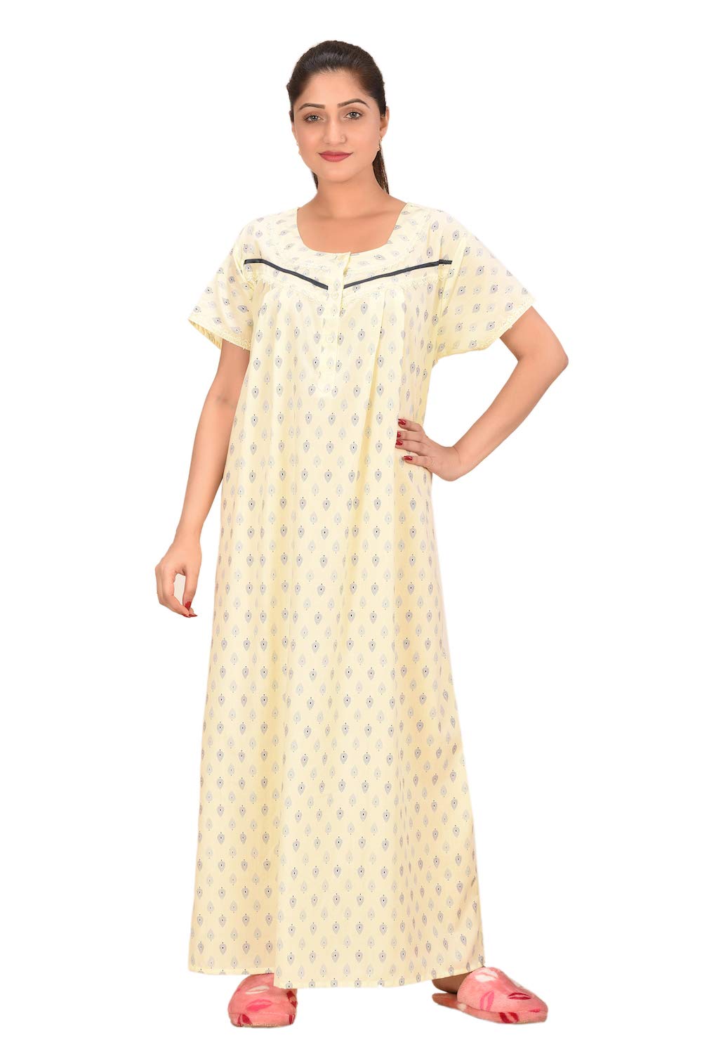 PIU Women's Cotton Printed Maxi Feeding Nighty (HM1202L_Light Yellow_L)