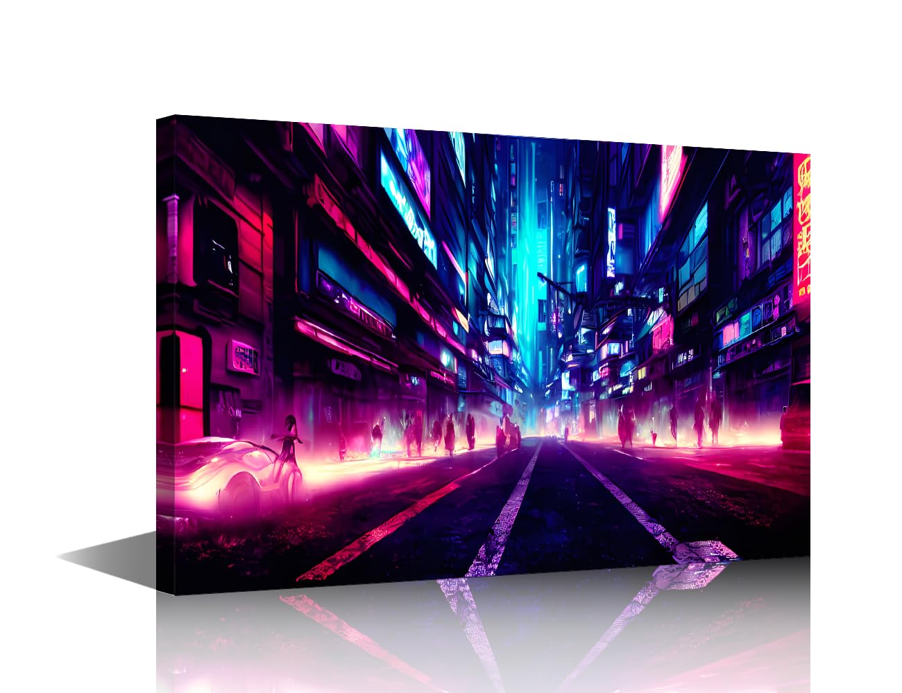 Contemporary Art Cyberpunk Style Pictures Office Decor 1 Pieces Cyberpunk City Street Night View Futuristic City Neon Lights Wall Decor for Living Room Modern Artwork Framed Ready to Hang 18x12 in