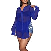EDITCOZY Women's Sheer Cover Ups Button Up Blouse Sexy Long Sleeve Slit Hem Mesh See Through Shirts Tops
