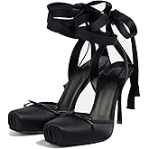 NSZPD Women's Satin Ballet Slingback High Heels with Bows Closed Square Toe Lace-Up Stiletto Pumps Elegant Mary Jane Wedding Party Shoes