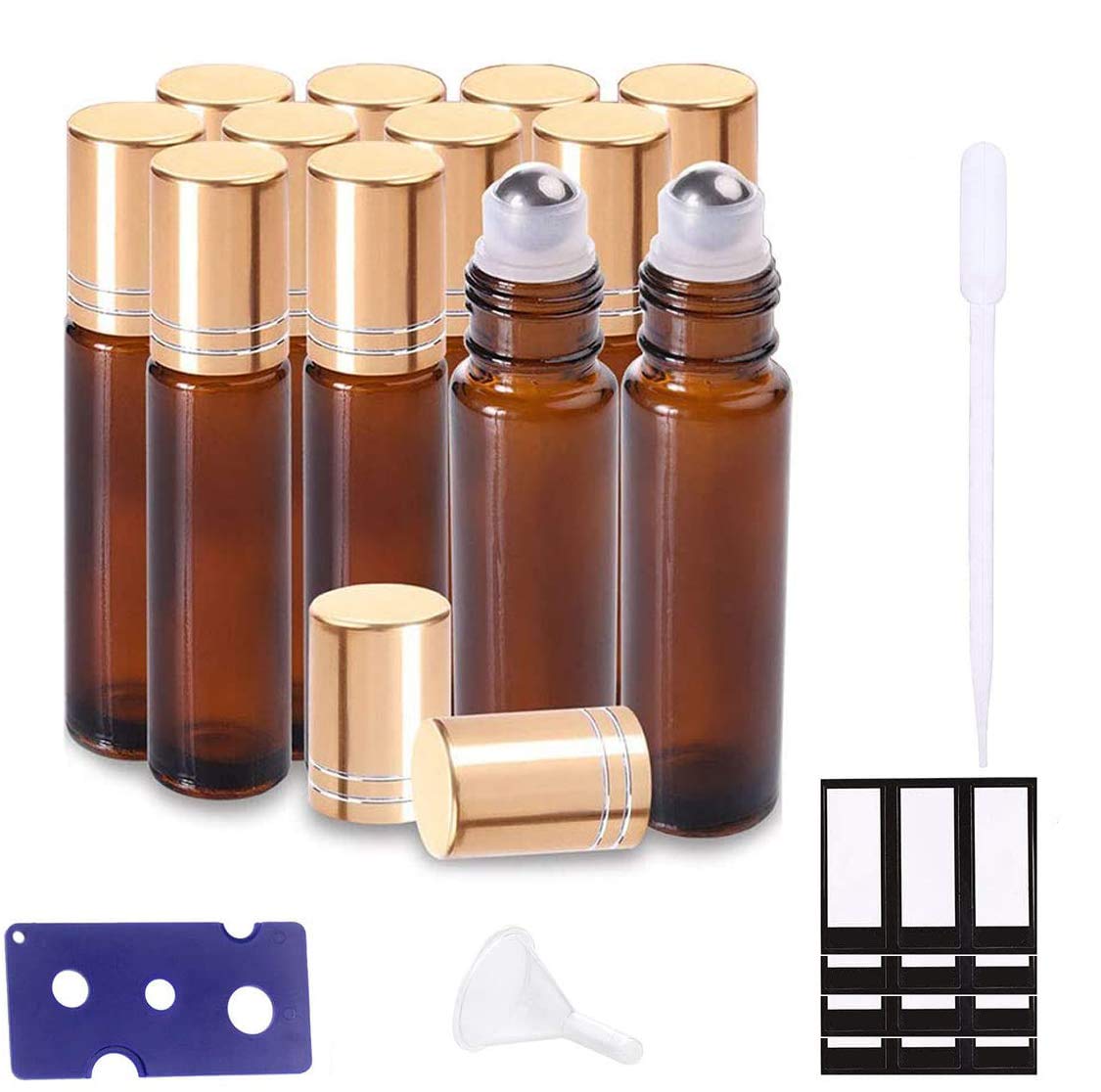 SUXNOS Essential Oils Roller Bottles 10ml 12PCS Brown Amber Glass Bottles Refillable Container Aromatherapy (Funnels, openers, labels, plastic pipettes included) Ideal for Home and Travel