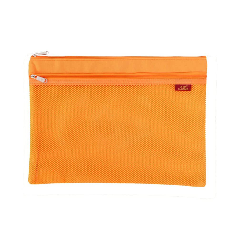 1Pcs A4 Mesh File Zip Bags, Folder Wallets Zipper Pouch Oxford Clear Mesh Bag Double-Layer Grid Document Storage Receipt Organizer Bag for Office Home School Supplies Orange