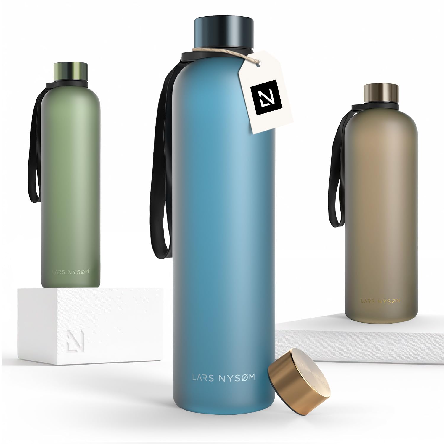 LARS NYSØM Water Bottle 34oz | Drinking Bottle 1 Liter | Ultralight Tritan Sports Flask leak-proof | Ideal for sports, office, yoga | 2 lids included (Calypso Blue, 1000ml)