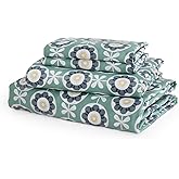JSD Green Floral Cotton Sheet Set King, 300 Thread Count Printed Sateen Sheets, Soft Breathable Cooling Bed Sheets Deep Pocket
