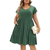 Celkuser Womens Plus Size Casual Summer Dresses Ruffle Sleeve Tiered Swing Midi Dress with Pockets