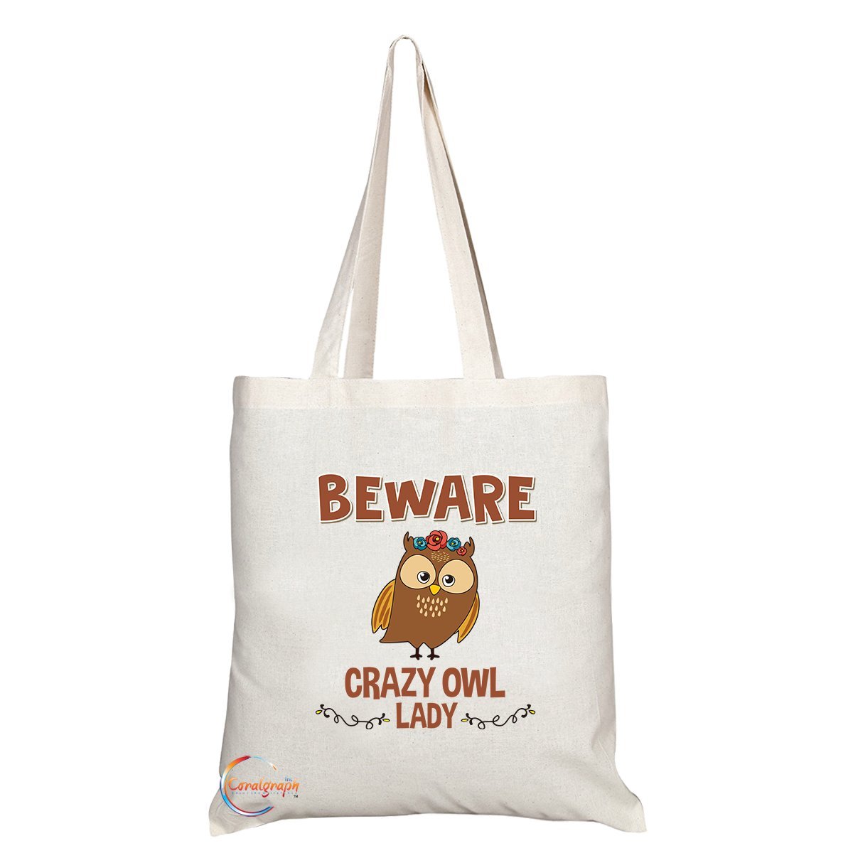 Coralgraph Inc TB237 Beware Crazy Owl Lady Novelty Present Gift Printed Eco-Friendly Stylish Long Handled Tote Shoulder Bag