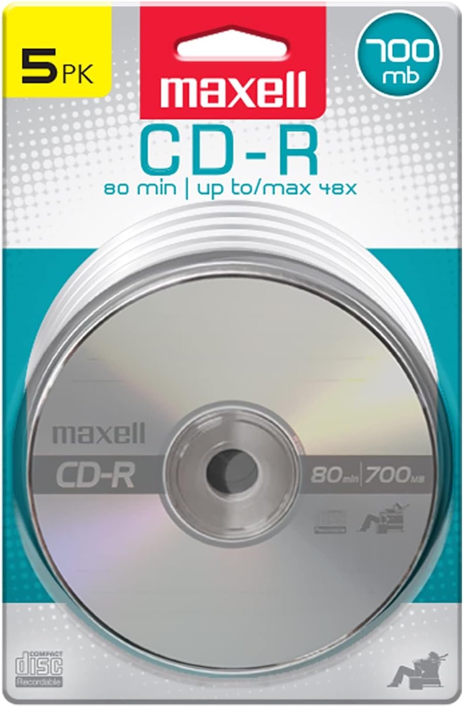 Maxell 648220 Recordable CDs 700MB 48x Write Speed Noise-Free Surface 5 Pack