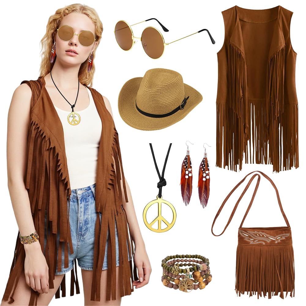 TOLOYE Hippie Costume for Women, 70s Fancy Dress Women, 70s Costumes with Fringe Vest, Hippie Accessories Set Outfits for Halloween Carnival Costume