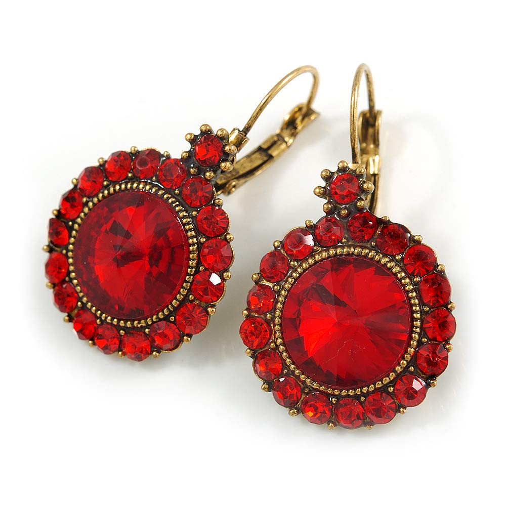 40mm L/Round Cut Scarlet Red Glass Stone Drop Earrings With Leverback Closure/Antique Gold Metal