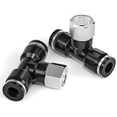 TAILONZ 1/4" OD x 1/4" FNPT Push to Connect Branch Tee Fitting 2Pcs | Copper&amp;Plastic,Black, for PU/PA/PE/PVC, Pneumatics, Factories, Workshops, Automation, Assembly, Repair, Industrial, Machinery