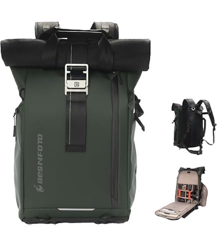 Besnfoto Camera Backpack, Expandable Roll Top Waterproof Photography Bag with Modular Dividers, Professional Camera Case for DSLR SLR Mirrorless Drones, Fits Up to 15.6 Inch Laptop : Electronics