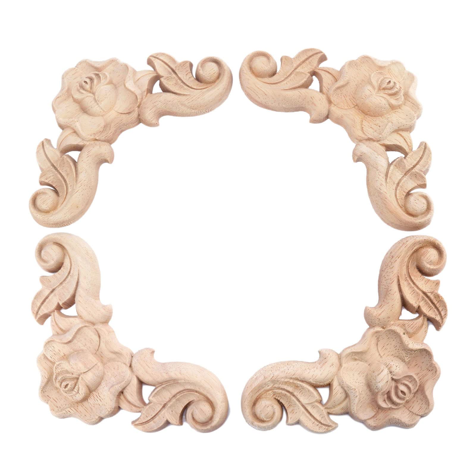 4Pcs Wooden Carved Rose Appliques Onlays,Unpainted Rose Carvings Decals for Cabinet Drawer Wall Headboard Dresser Mirror Pew Cupboard etc Furniture Decoration(10x10cm/3.94"x3.94")