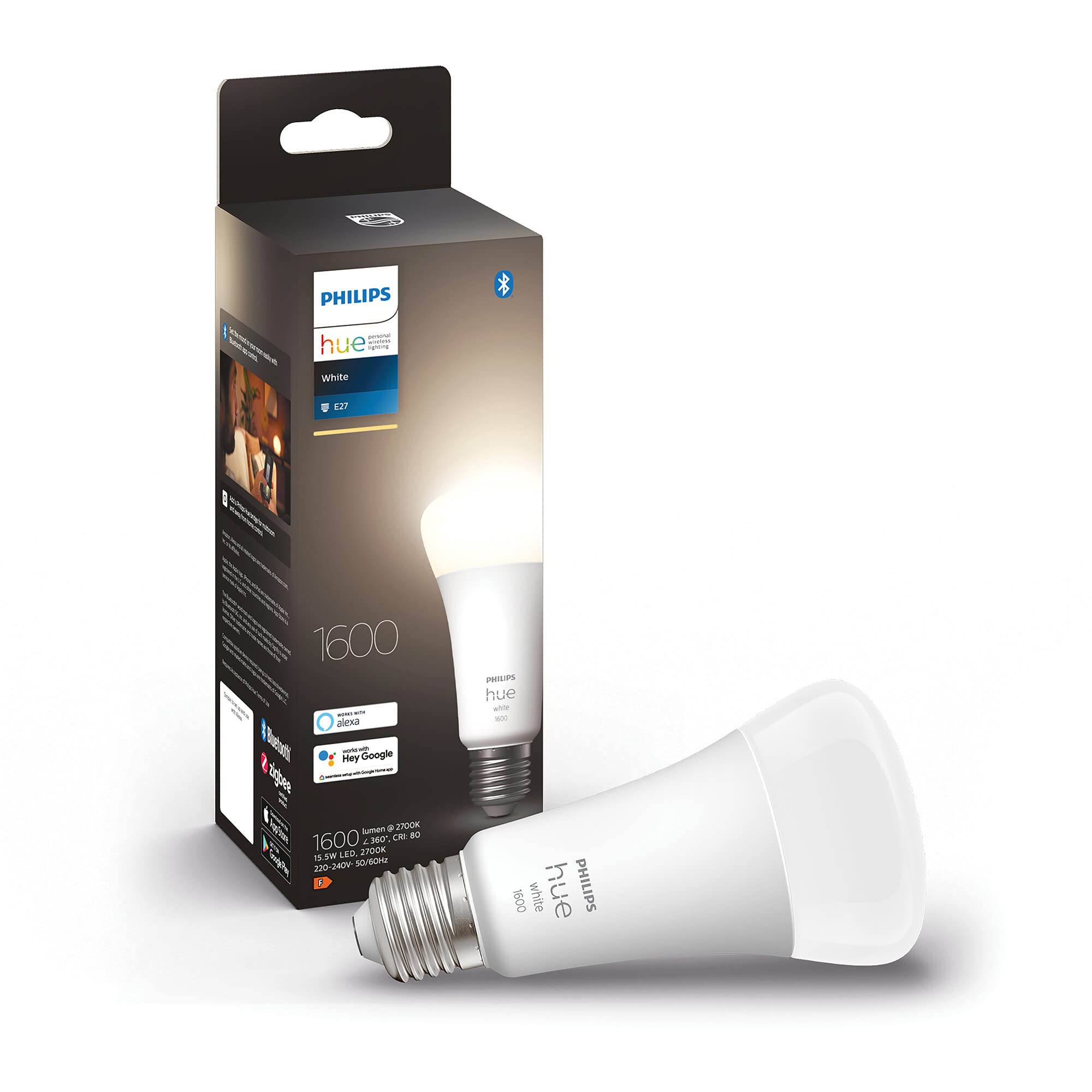 Philips Hue White E27 LED Bulb, 1600lm, dimmable Warm White Light, controllable via app, Compatible with Amazon Alexa (Echo, Echo Dot), Old Generation
