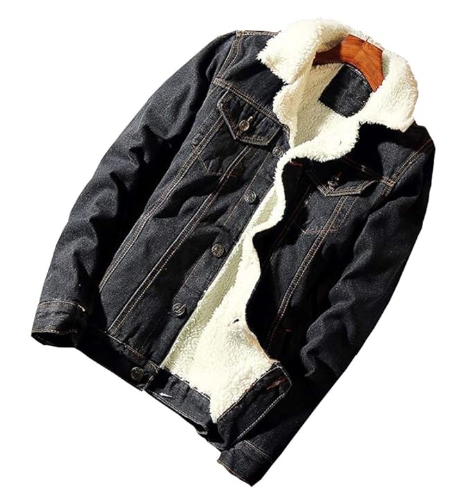 Brinny Herren Jeansjacke mit Fellkragen Winter Denim Jacke Sherpa Trucker verdickt Wärmejacke Cowboy Jacke - Dunkelblau/Schwa