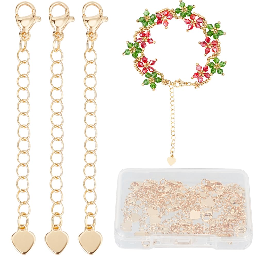 CREATCABIN 20Pcs 18K Gold Plated Brass Chain Extender Necklace Extenders Chain Links Tail Chain Removable Extension with Lobster Claw Clasps Tiny Heart Charm for Bracelet Anklet Jewelry Making 2.2Inch