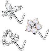 FLOGWE 20G 3PCS Nose Ring Studs 316L Heart Nose Rings Nose Studs Butterfly and Flower Nose Stud Surgical Steel CZ L-Shaped Piercing Jewelry