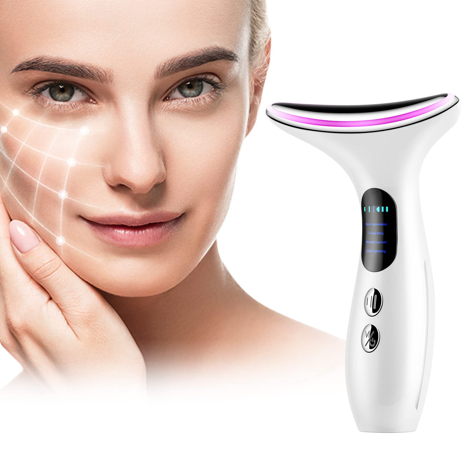 Face Massager，Anti-Wrinkle Face Device，Portable Skin Tightening Beauty Toning Device with 45 ±5°C Heat and 4 Massage Modes for SkinTightening & Neck Lifting EMS Face Toning Firming (White)