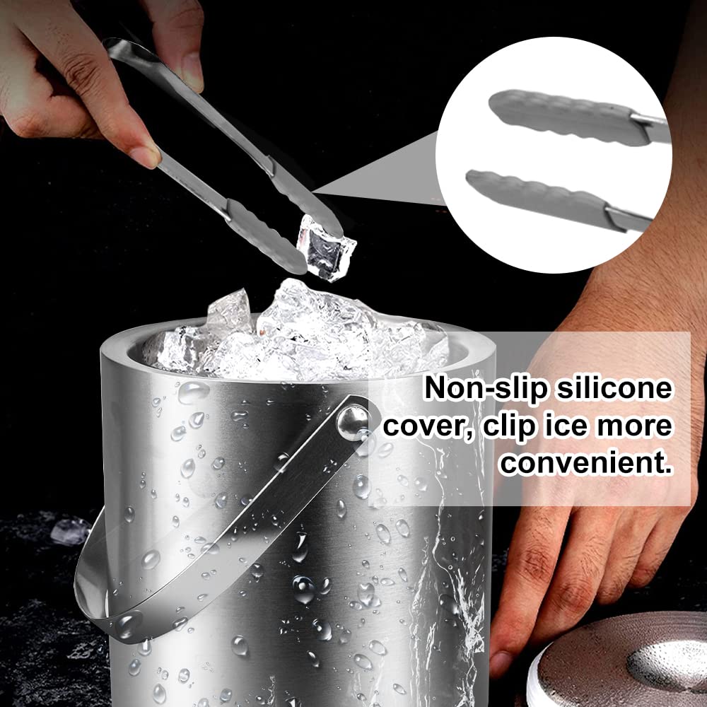 SCHYIDA Eiswürfelbehälter 2L, Eiswürfel Behältnis mit Deckel Eisbehälter Edelstahl 15.5cm * 15.2cm Eiskübel Metall Eiseimer mit Zange und Eisschaufel Eiskühler Weinkühler Sektkühler für Party, BBQ 5
