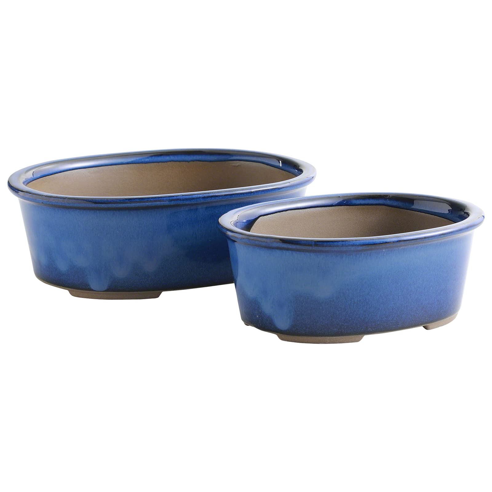 Wazakura Banko Series 2PCS Handmade Bonsai Pot Set with Drainage Holes MADE IN JAPAN, Ceramic Garden Planter Pack, Decorative Flower Oval Vase, Glazed Houseplant Bowl - Blue Round 2PC Set