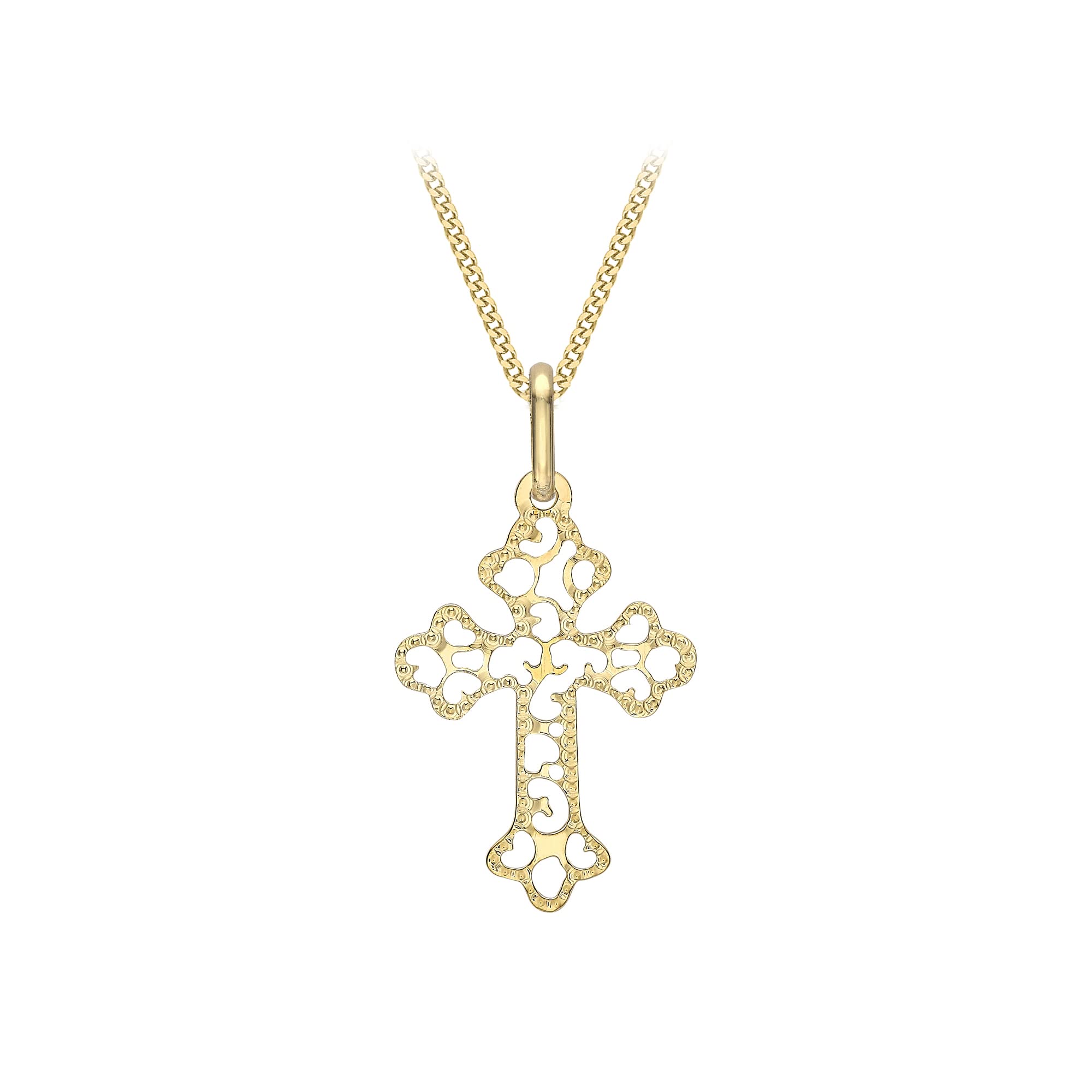 CARISSIMA Women's 9ct Yellow Gold Filigree Cross Pendant on Curb Chain - 46cm/18'