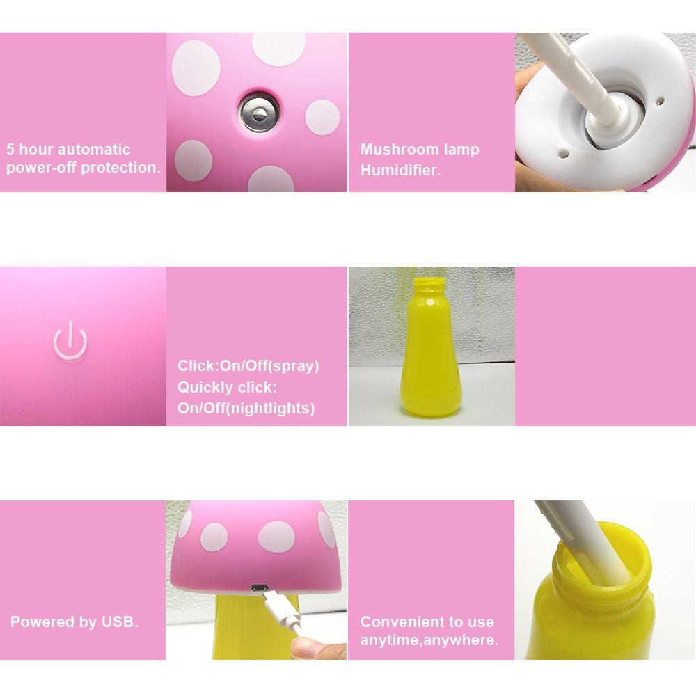 Fasthorse Mushroom Lamp Humidifier Portable USB Aromatherapy Aroma Diffuser for Office Home Travel (Pink)