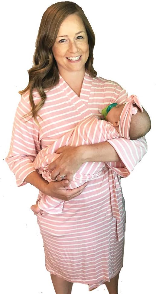 Maternity Labor Delivery Matching Robe and Swaddle Blanket and Hat or Headband Set, Hospital Bag Must Have (Blush Pink, S/M)